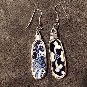 Blue Ceramic Drop Earrings with Silver-Tone Frame